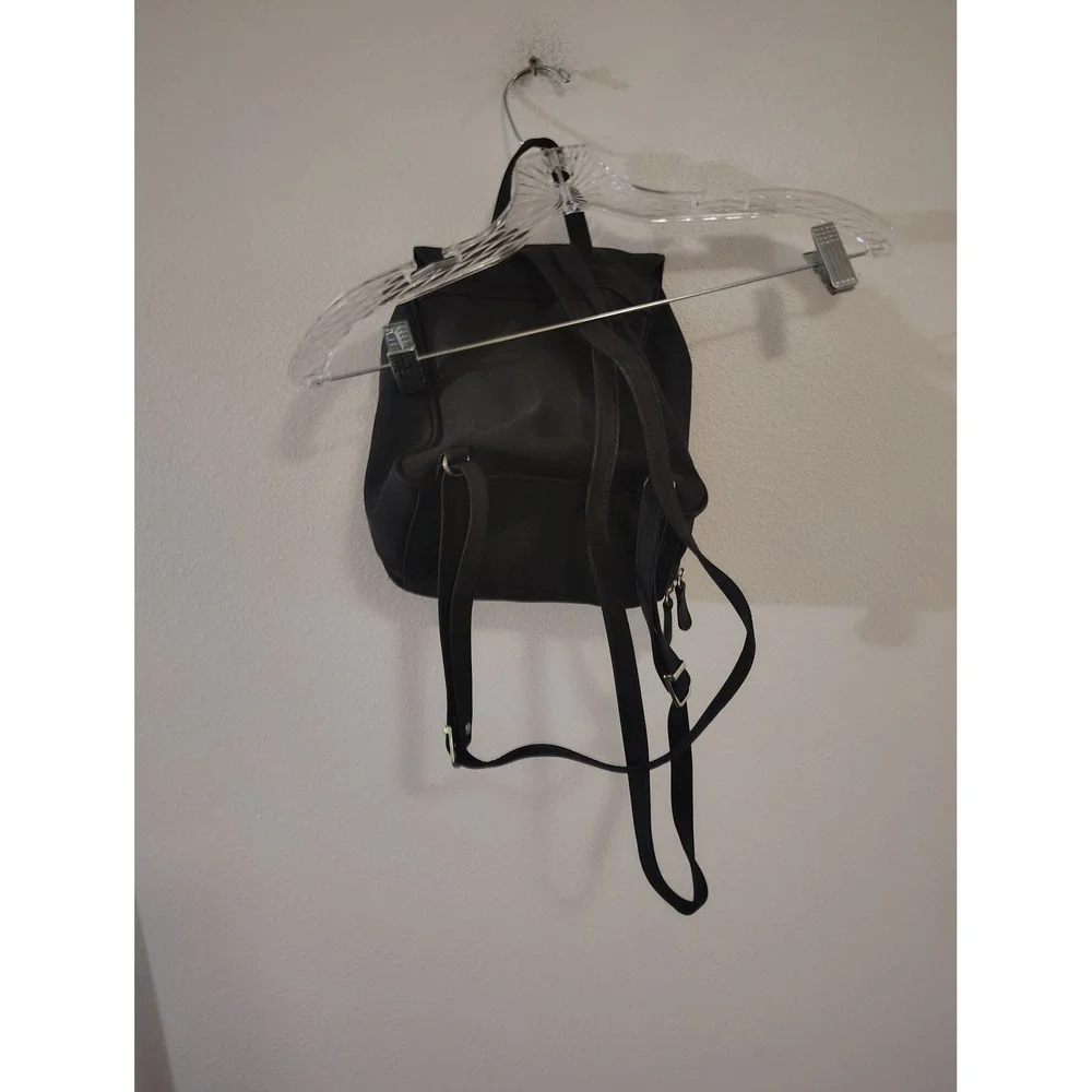 Black Faux Leather Mini Backpack Gold Tone Logo Plate Adjustable Straps Bag